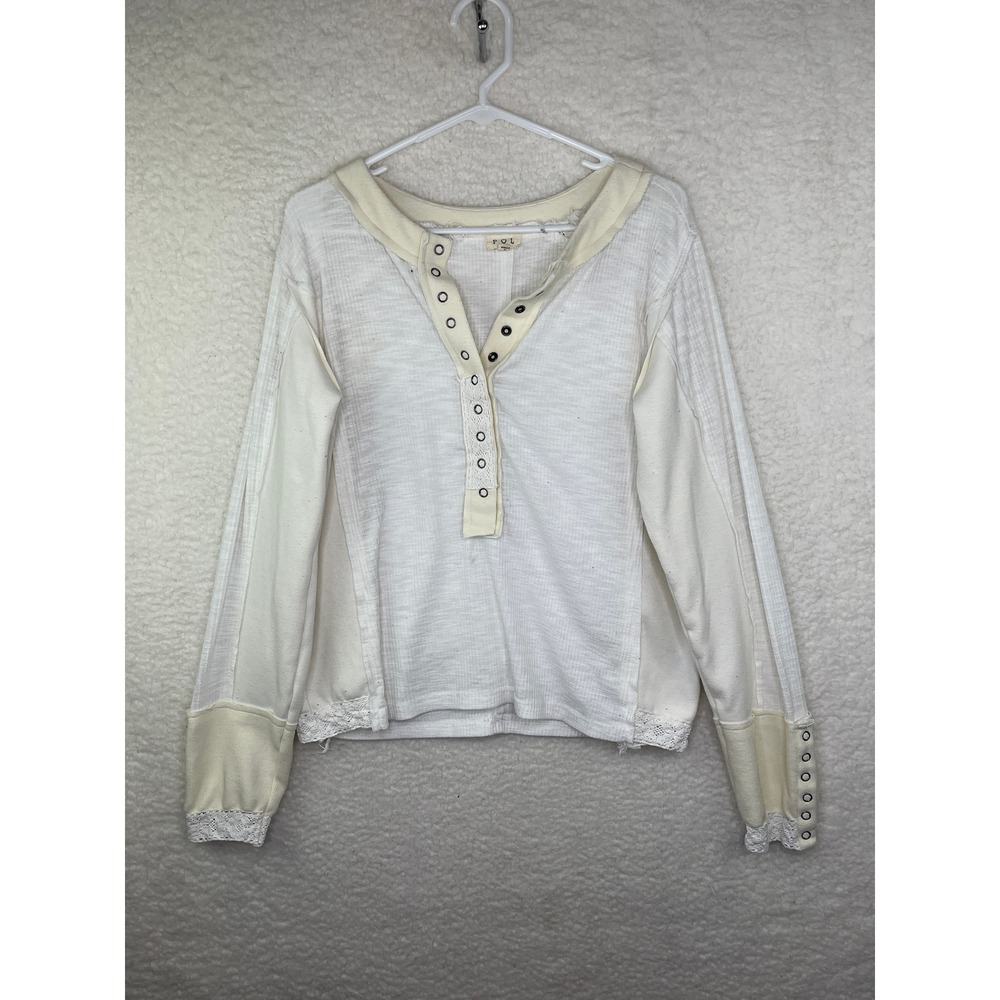 POL White Mixed Media Lace Trim Henley Thermal Top FKT820 Womens Large